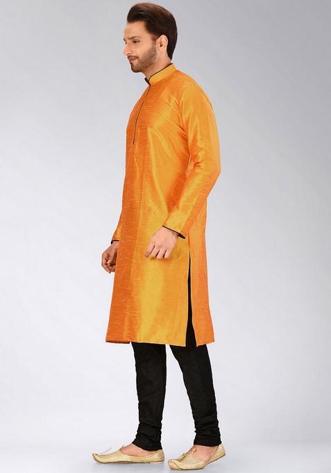 Mustard Yellow Solid Art Silk Kurta Sets For Men