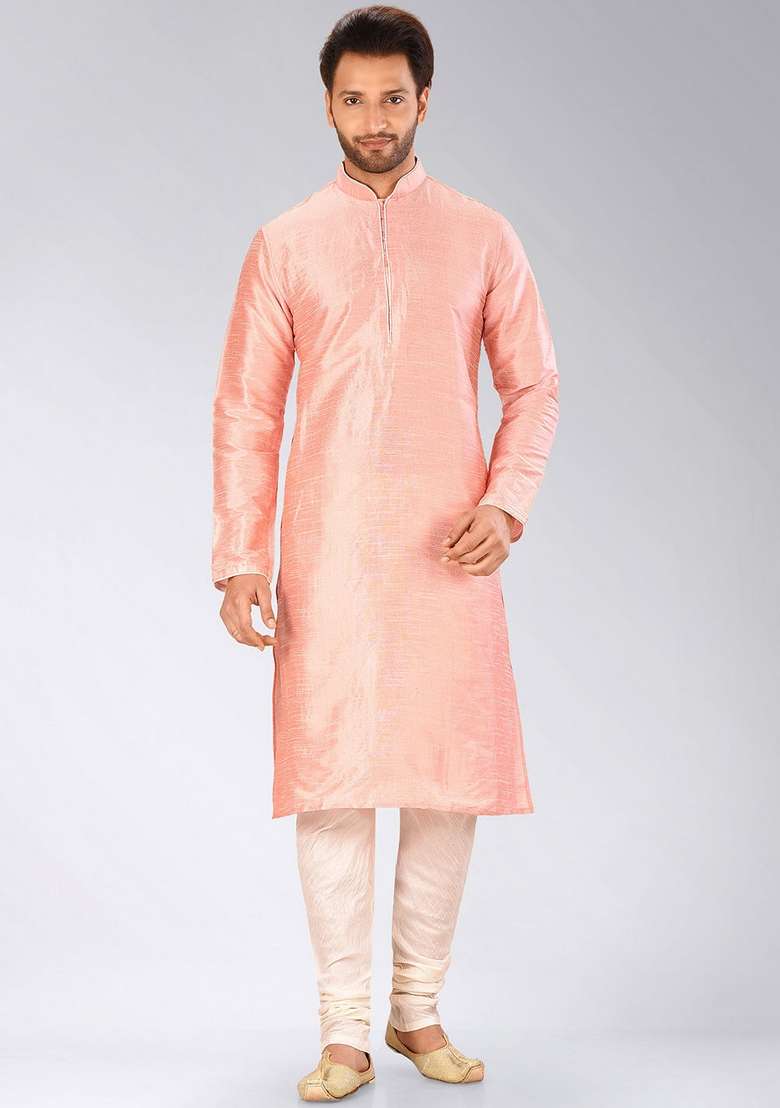 Pink Solid Art Silk Blend Kurta Sets For Men - Indya