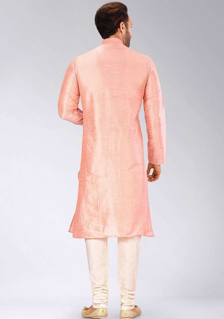 Pink Solid Art Silk Blend Kurta Sets For Men - Indya