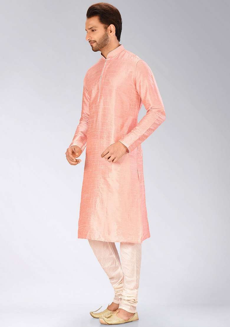 Pink Solid Art Silk Blend Kurta Sets For Men - Indya