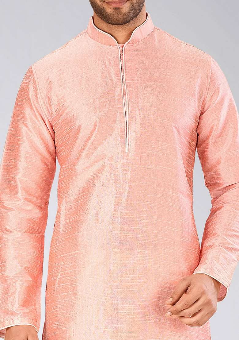 Pink Solid Art Silk Blend Kurta Sets For Men - Indya