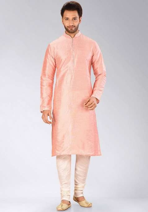 Pink Solid Art Silk Blend Kurta Sets For Men