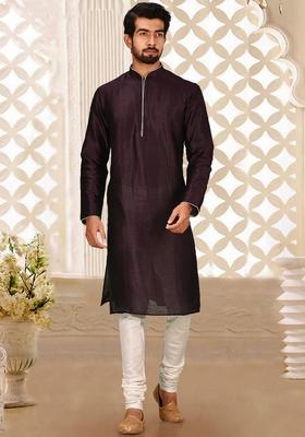 Maroon Solid Art Silk Kurta Sets For Men