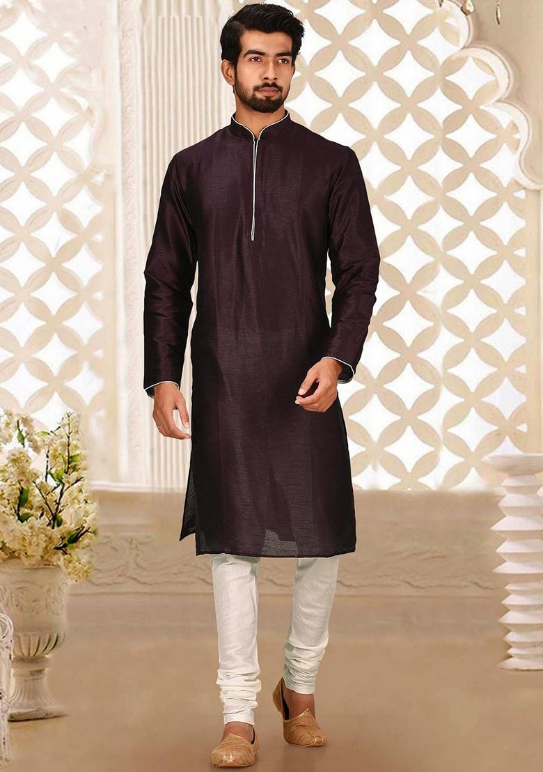 Maroon Solid Art Silk Kurta Sets For Men