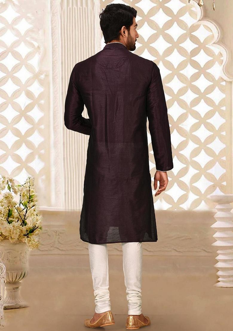 Maroon Solid Art Silk Kurta Sets For Men