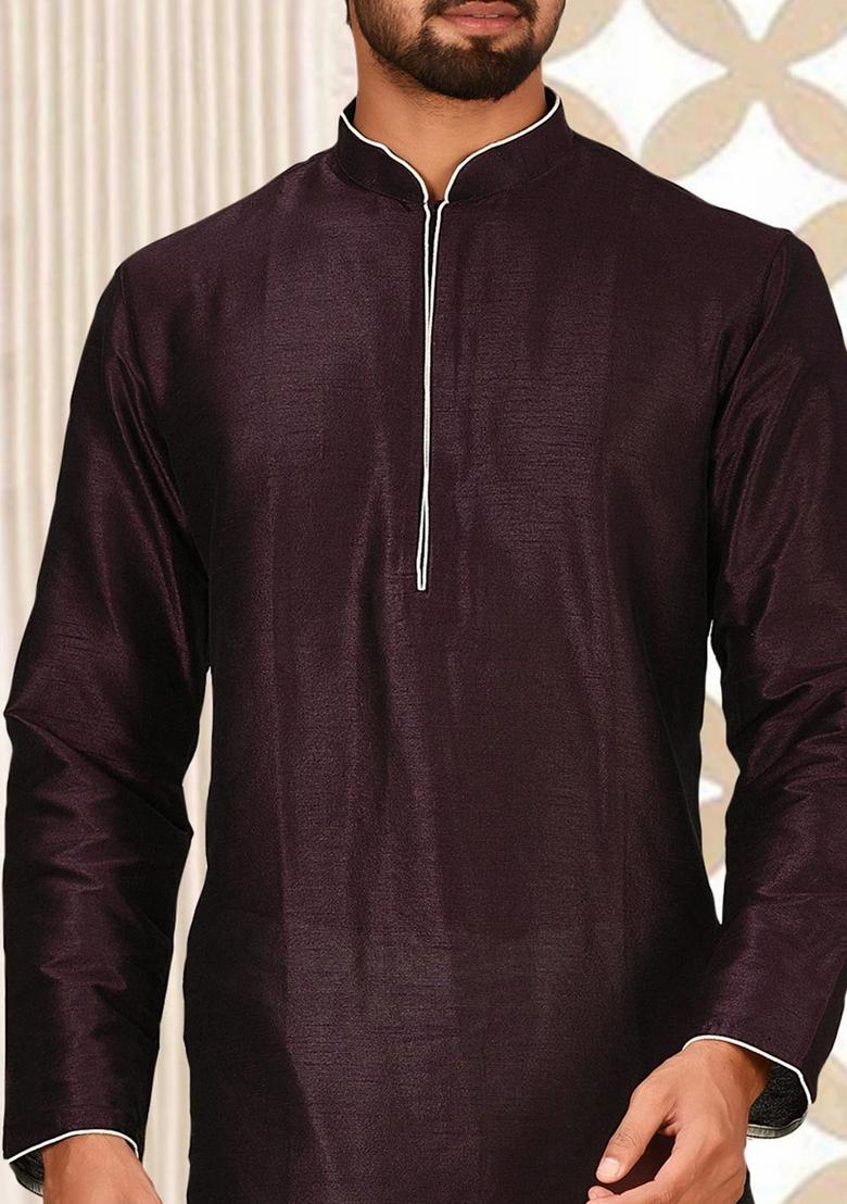 Maroon Solid Art Silk Kurta Sets For Men