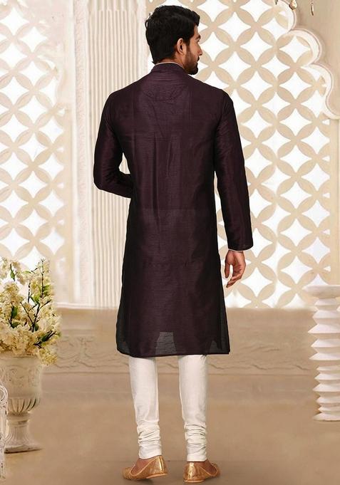 Maroon Solid Art Silk Kurta Sets For Men