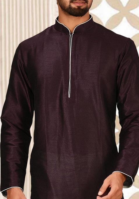 Maroon Solid Art Silk Kurta Sets For Men