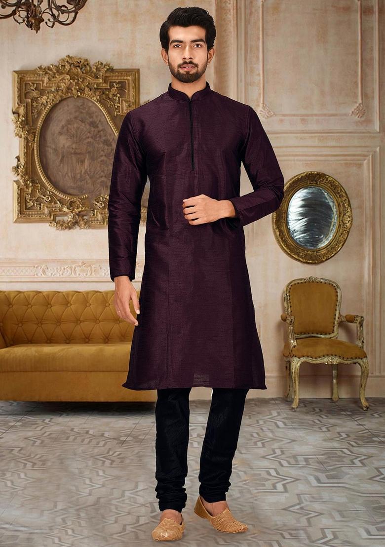 Maroon Solid Art Silk Kurta Sets For Men
