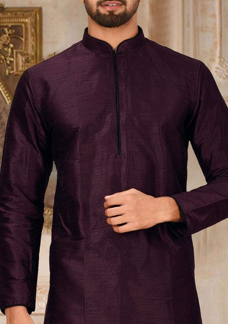 Maroon Solid Art Silk Kurta Sets For Men