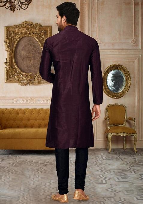 Maroon Solid Art Silk Kurta Sets For Men