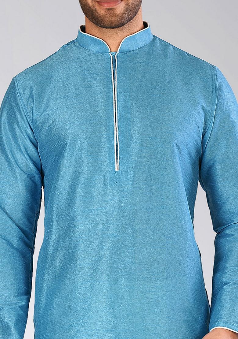 Firozi Solid Art Silk Kurta Sets For Men - Indya
