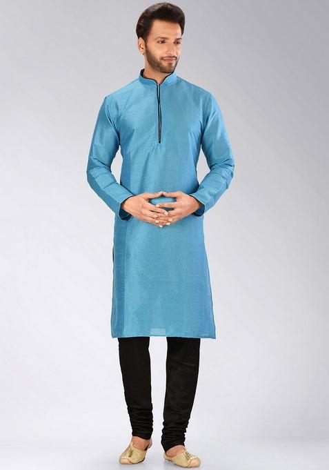 Firozi Solid Art Silk Kurta Sets For Men