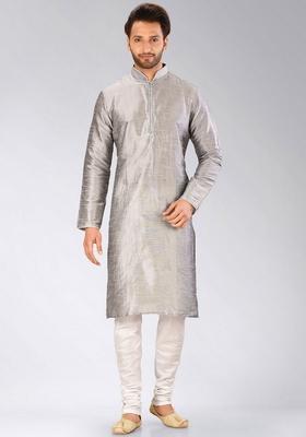 Grey Solid Art Silk Kurta Sets For Men