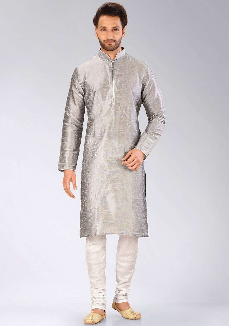 Grey Solid Art Silk Blend Kurta Sets For Men - Indya