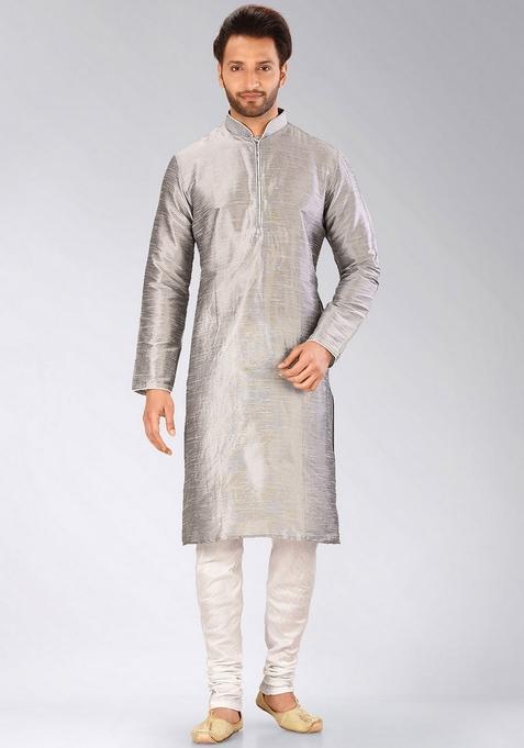 Grey Solid Art Silk Kurta Sets For Men — view on Indya