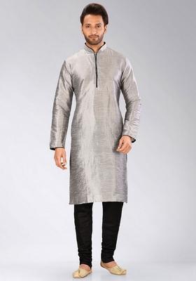 Grey Solid Art Silk Kurta Sets For Men