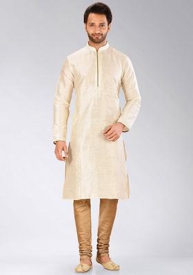 Deep Cream Solid Art Silk Kurta Sets For Men