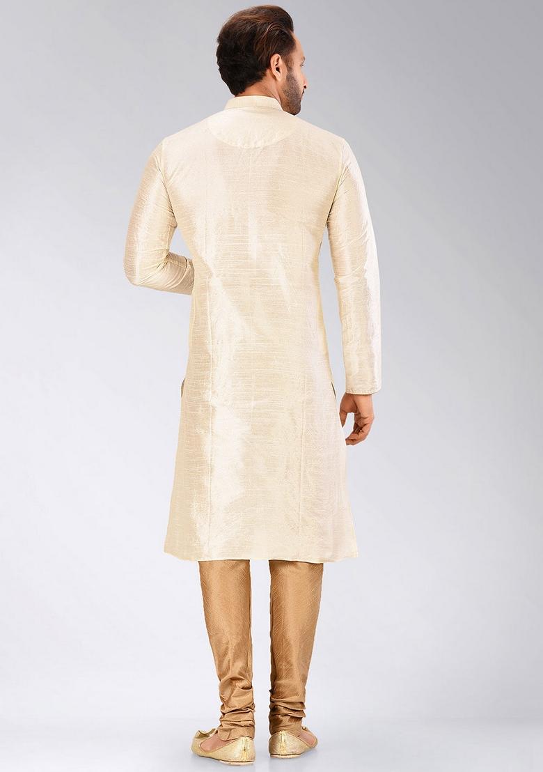 Deep Cream Solid Art Silk Kurta Sets For Men - Indya