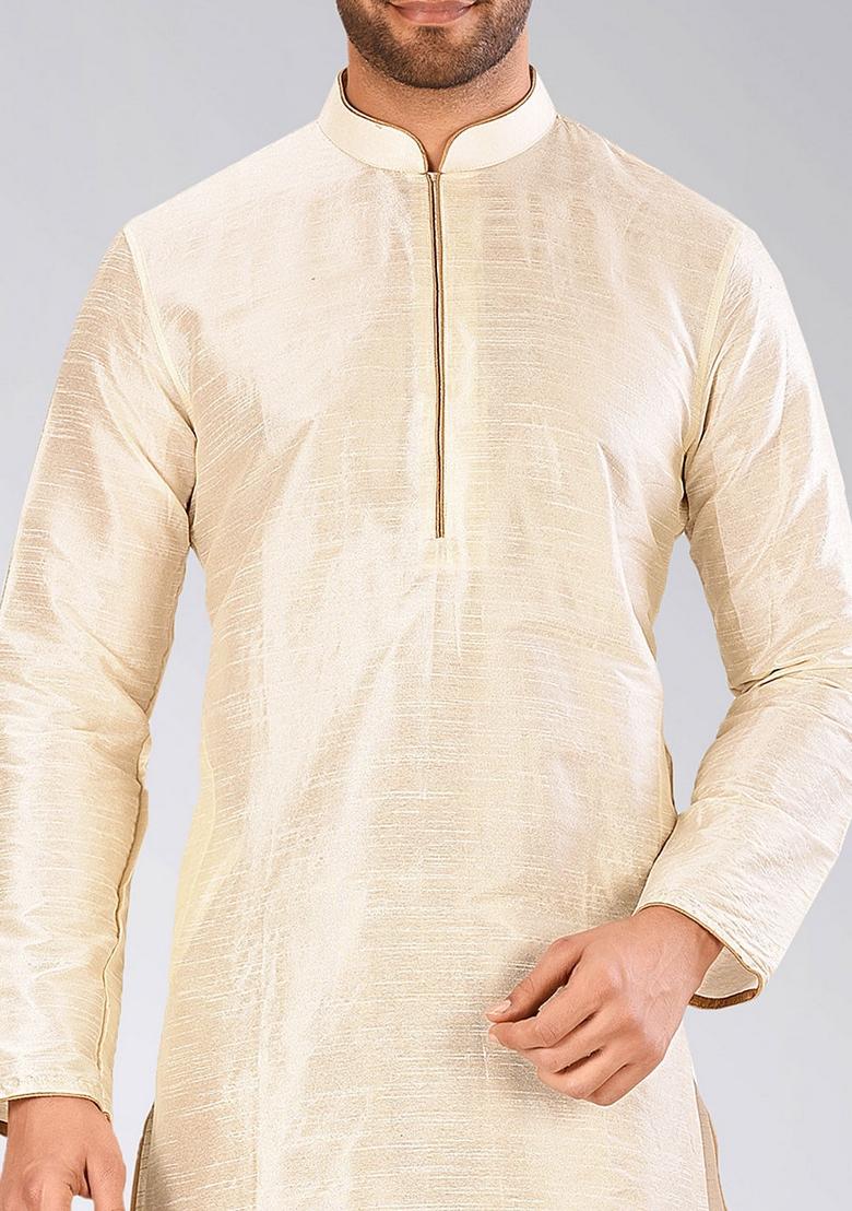 Deep Cream Solid Art Silk Kurta Sets For Men - Indya