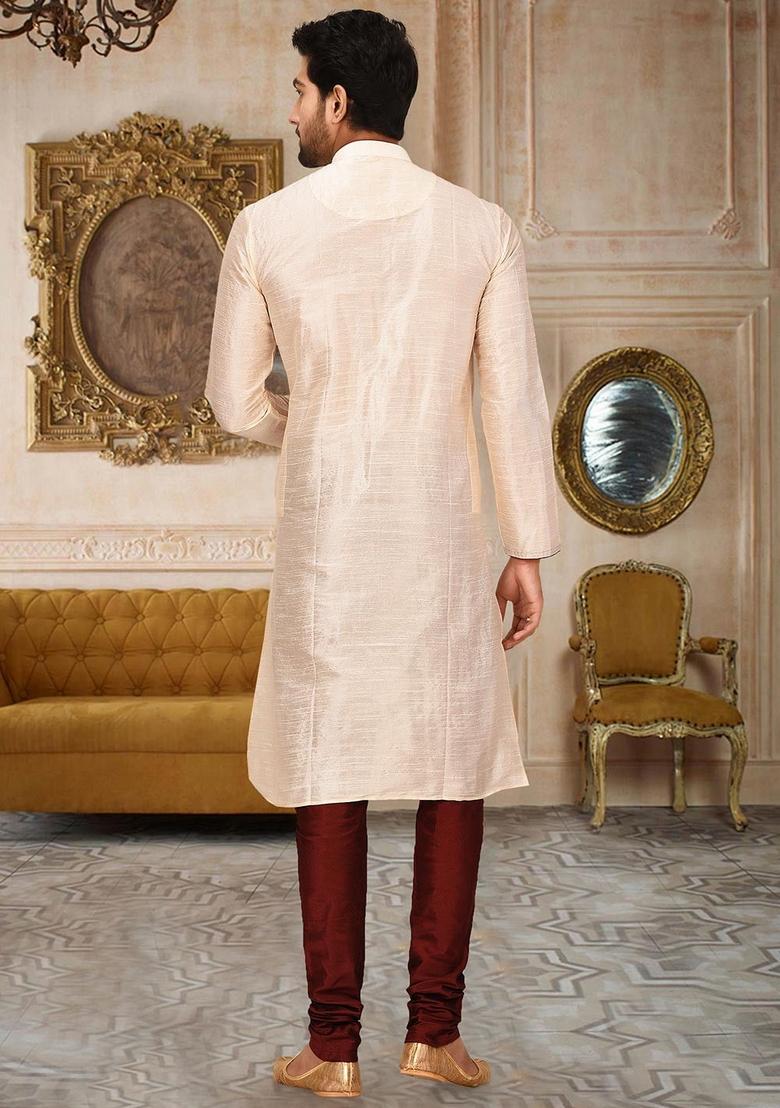Cream Solid Art Silk Kurta Sets For Men - Indya