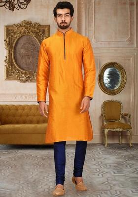 Mustard Yellow Solid Art Silk Kurta Sets For Men