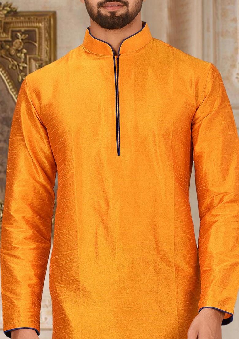 Mustard Yellow Solid Art Silk Kurta Sets For Men