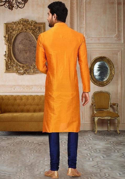 Mustard Yellow Solid Art Silk Kurta Sets For Men