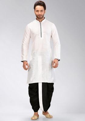 White Solid Art Silk Kurta Sets For Men