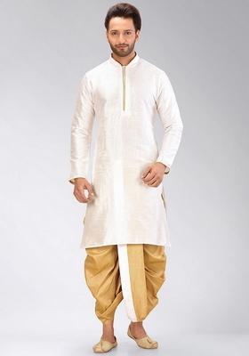 White Solid Art Silk Kurta Sets For Men