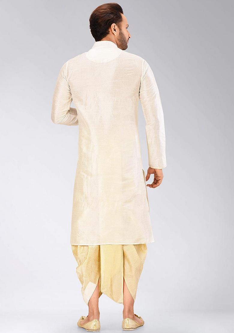 Cream Solid Art Silk Kurta Sets For Men - Indya
