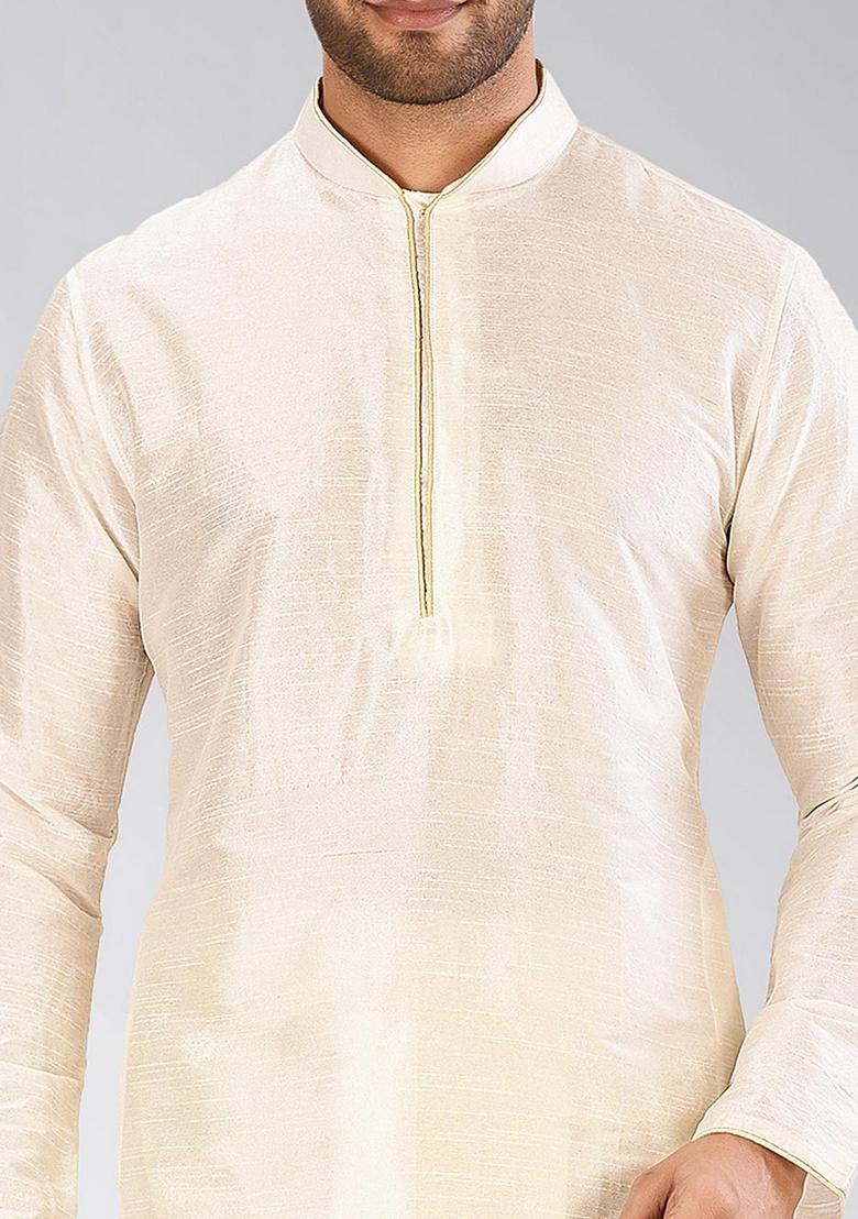 Cream Solid Art Silk Kurta Sets For Men - Indya