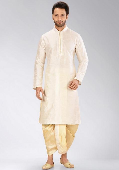 Cream Solid Art Silk Kurta Sets For Men