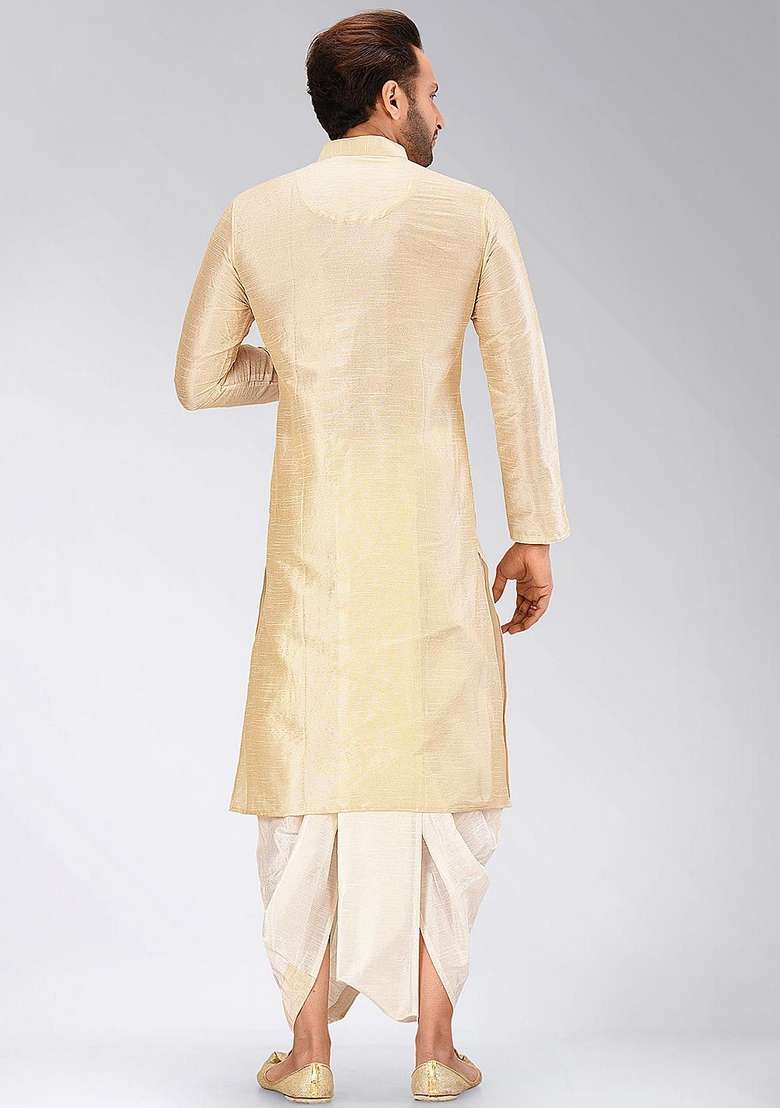 Peach Solid Art Silk Blend Kurta Sets For Men - Indya