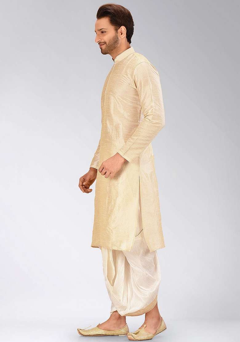 Peach Solid Art Silk Blend Kurta Sets For Men - Indya