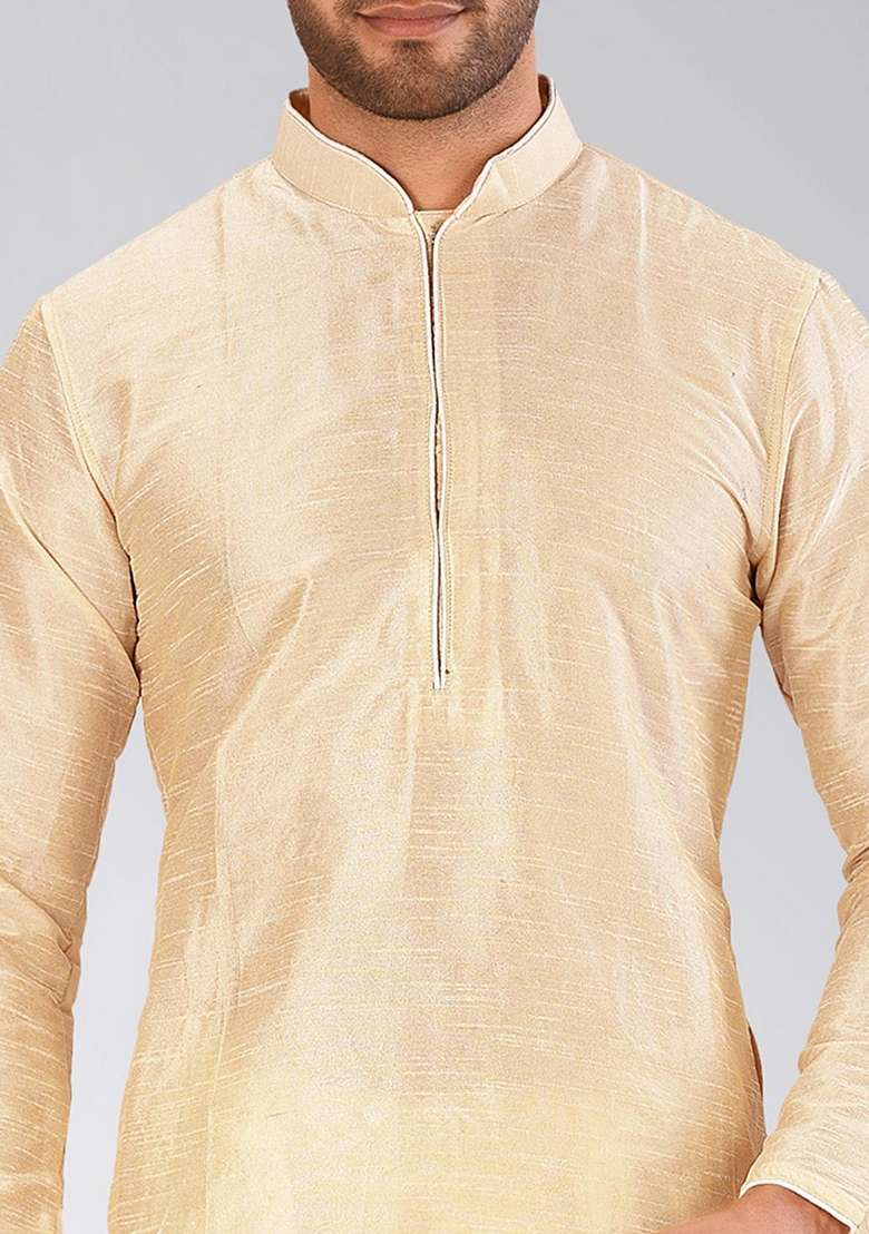 Peach Solid Art Silk Blend Kurta Sets For Men - Indya