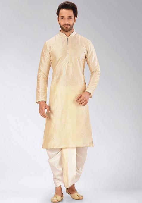 Peach Solid Art Silk Kurta Sets For Men — view on Indya