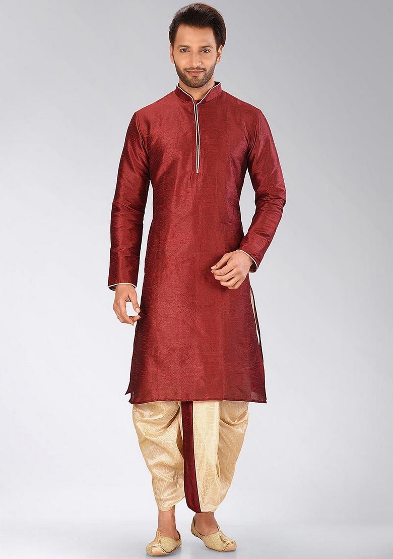 Red Solid Art Silk Kurta Sets For Men