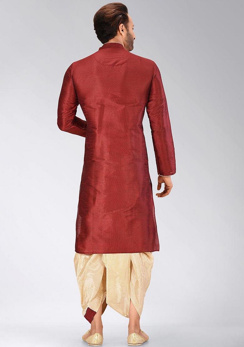 Red Solid Art Silk Kurta Sets For Men