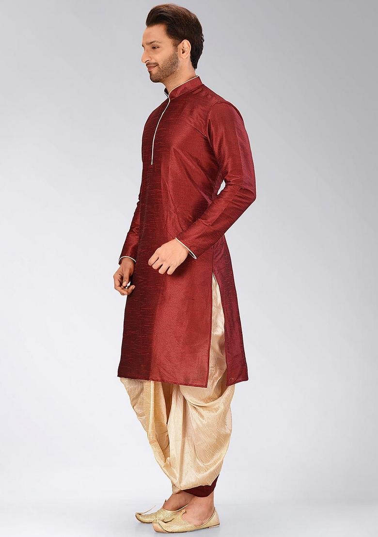 Red Solid Art Silk Kurta Sets For Men