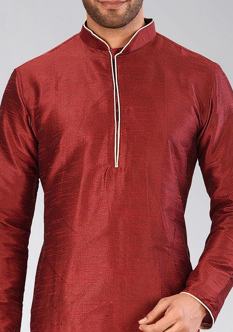 Red Solid Art Silk Kurta Sets For Men