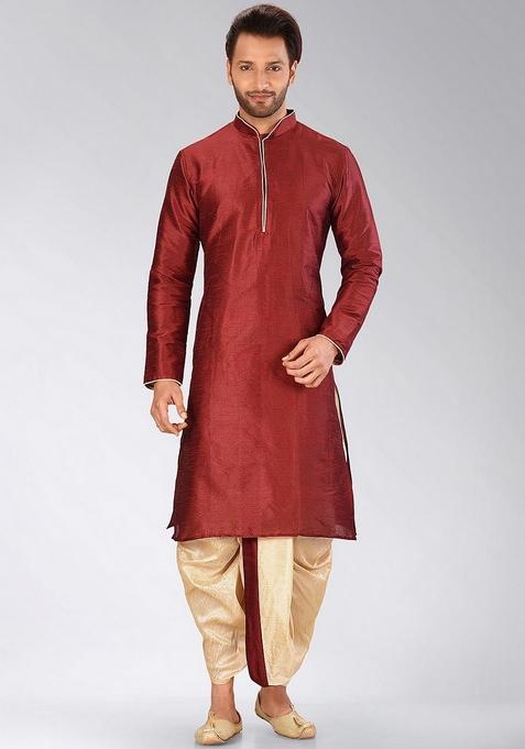 Red Solid Art Silk Kurta Sets For Men