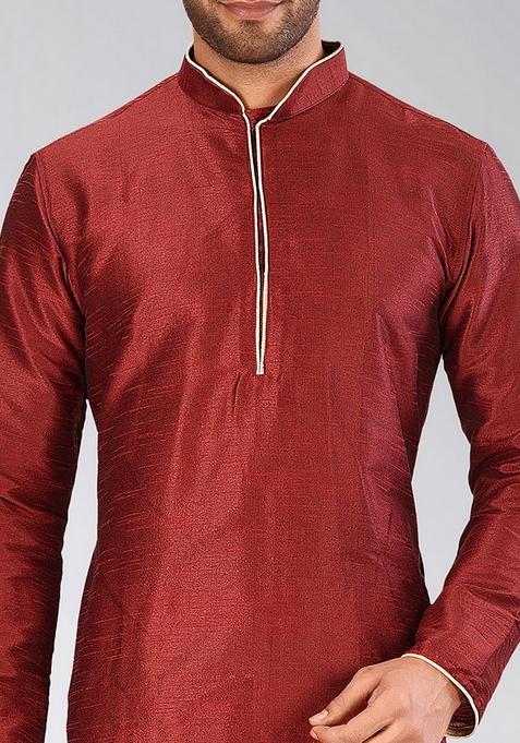 Red Solid Art Silk Kurta Sets For Men