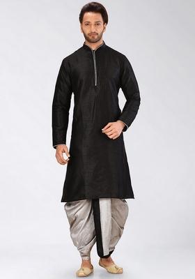 Black Solid Art Silk Kurta Sets For Men