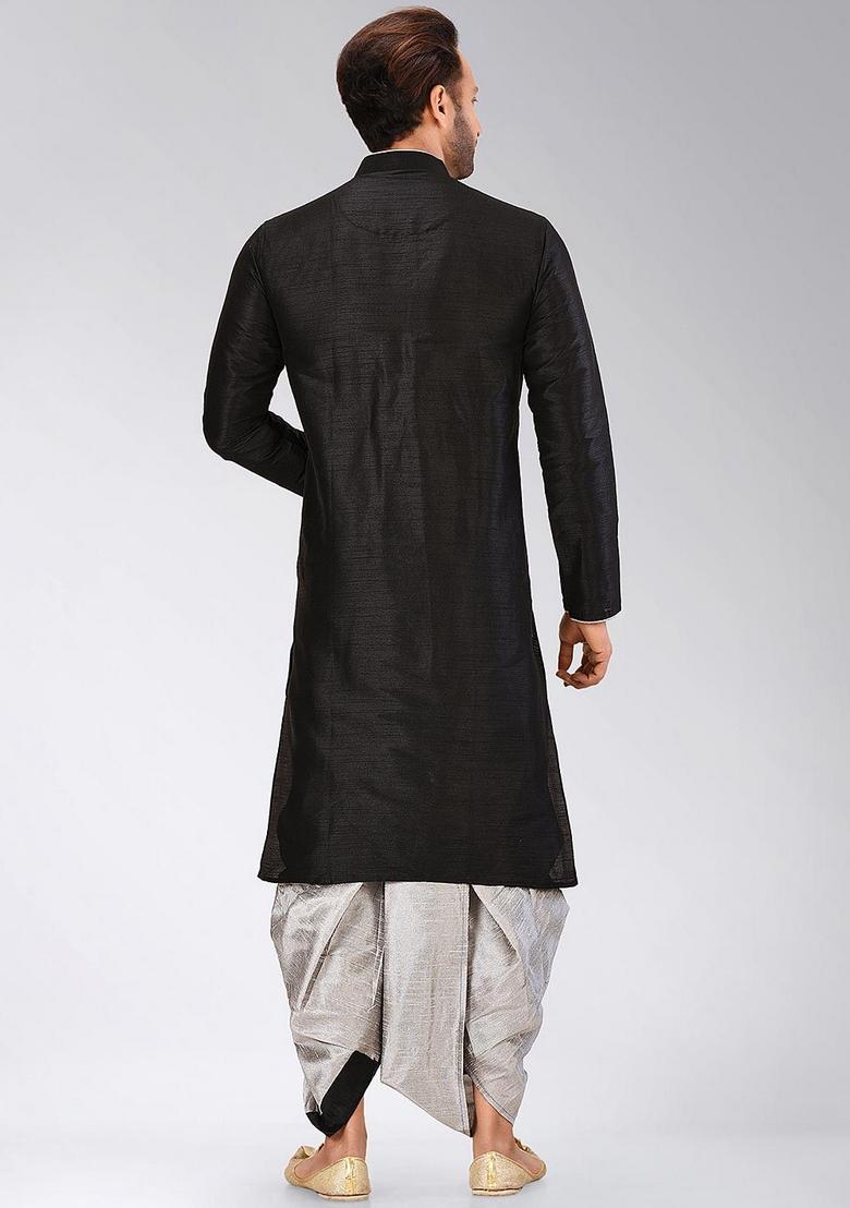 Black Solid Art Silk Kurta Sets For Men - Indya