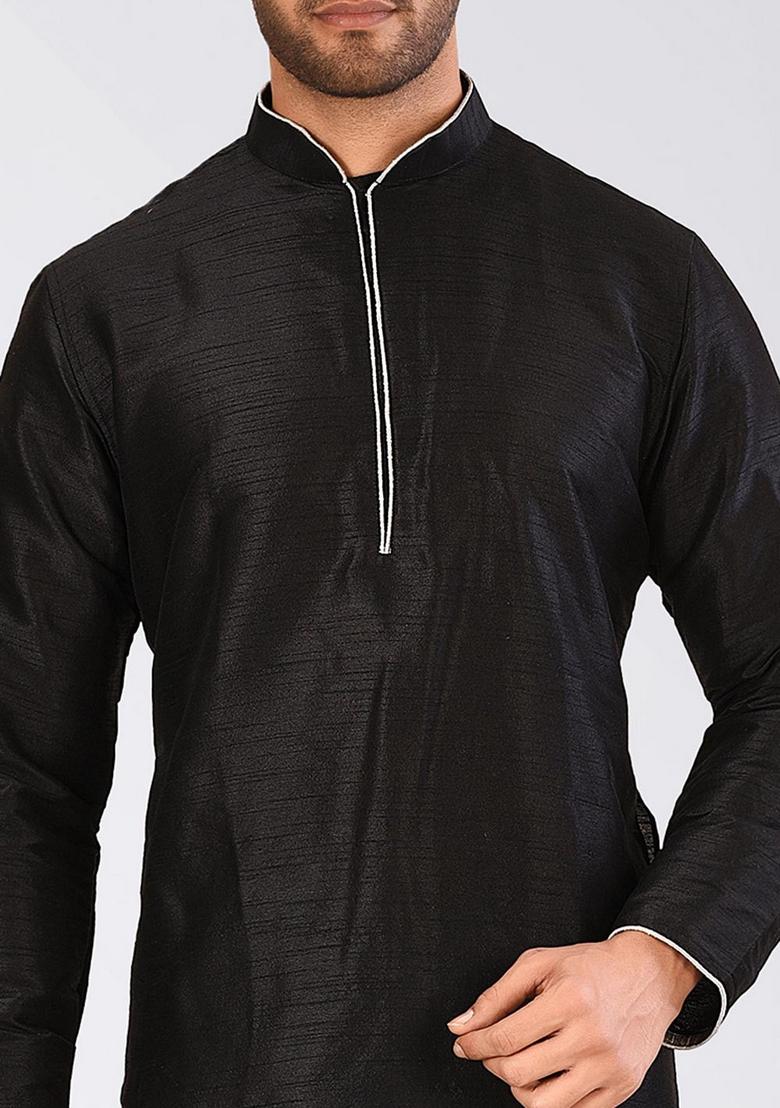 Black Solid Art Silk Kurta Sets For Men - Indya