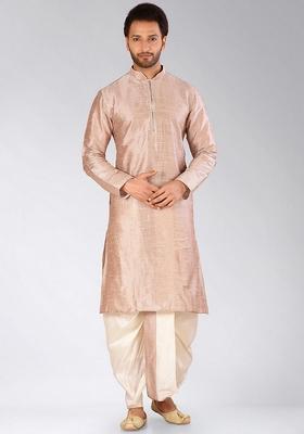 Light Brown Solid Art Silk Kurta Sets For Men