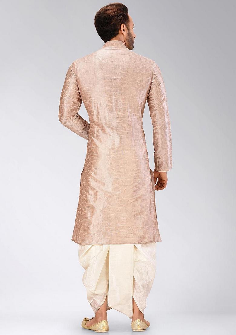 Light Brown Solid Art Silk Kurta Sets For Men