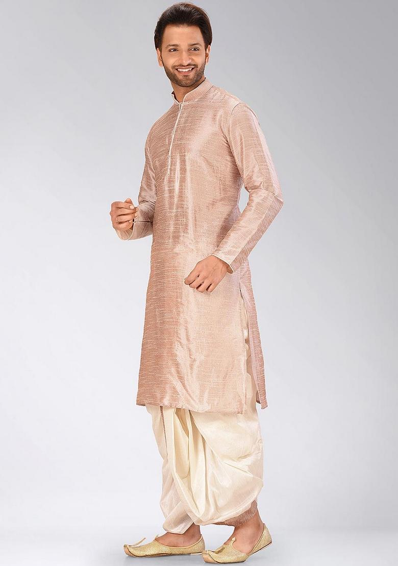 Light Brown Solid Art Silk Kurta Sets For Men
