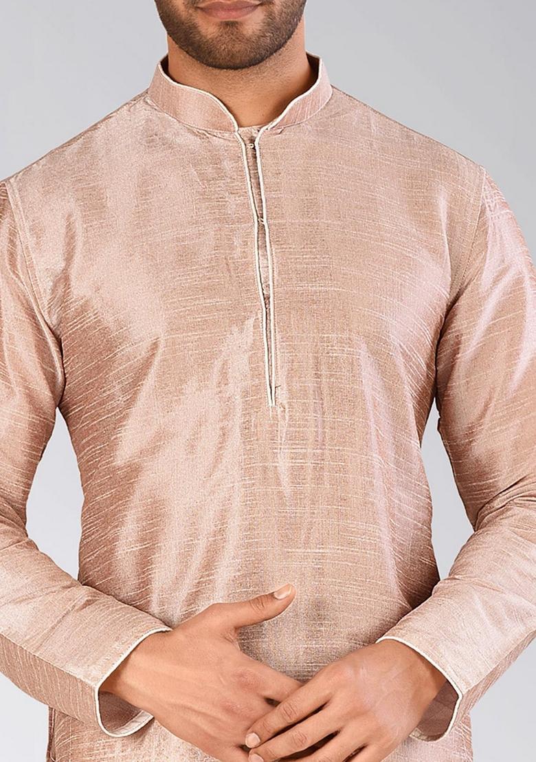 Light Brown Solid Art Silk Kurta Sets For Men